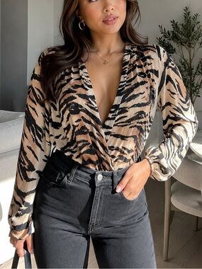 Zara Beige & Black Tiger-Print V-Neck Blouse